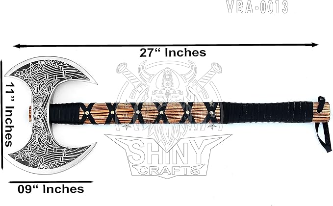 SHINY CRAFTS- Camping Axe Tomahawk Viking Bearded Axe Christmas gifts-27 Long Odin's Double Edge Head Viking Axe Twin Blade Axe with Ash Wood Handle with Genuine Leather Sheath (VBA-0013)