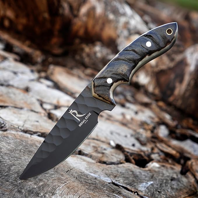 Fixed Blade Knife ??9" Black Coated Drop Point Hunting Knife With Leather Sheath - Full Tang 1095c High Carbon Steel - For Outdoor Use