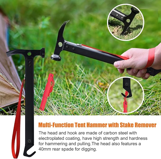 Eurmax USA Hiking Camping Tent Stakes and Hammer Set Lightweight Multi-Function Tent Hammer with Tent Stake Remover,Tent Pegs for Camping, Hiking, Backpacking, Gardening(Red Stakes)