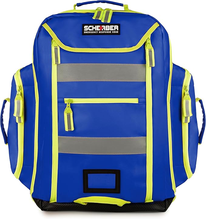 Scherber Fully-Stocked Premium First Responder Backpack | EMT/EMS Medic Trauma & Oxygen Medical Professional Kit | Bag w/ 4 Color-Coded Removable Pouches, O2 Storage, & 250+ First Aid Supplies (Blue)