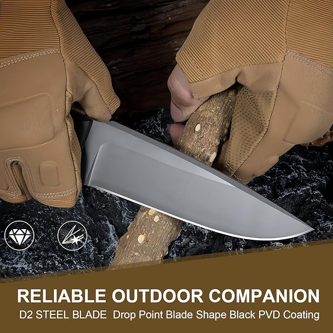 Survival Knife w Kydex Sheath,D2 Fixed Blade Steel,Full Tang Hunting Knife w Non-slip ABS Handle, Glass Breaker, Ideal for Bushcrafting Camping Hunting Fishing Hiking and Other Outdoor Activities