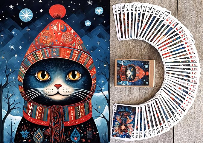 Fairytale Christmas Playing Cards (Poker Deck 54 Cards All Different) Naïve Art Adorable Christmas Girls Fairies Dogs and Cats Wintery Landscapes Vintage Kids Book Illustration
