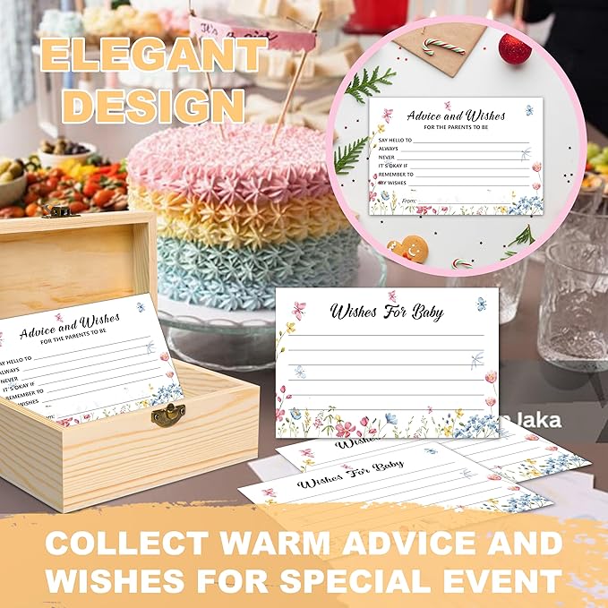 Advice and Wishes Cards Box - 50 Pcs Advice Card Wildflower Baby Shower Decorations, Double Sided Advices and Well Wishes Box For Parents To Be, New Mommy Baby Shower Games