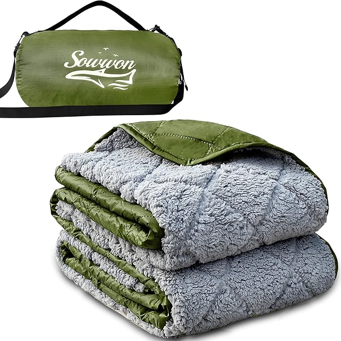 Waterproof Outdoor Blanket 82”X 55” Packable, Stadium Blankets for Camping with Sherpa Fleece Lining, Large Windproof Emergency Throw Mat for Garss Picnic Hiking Road Trip, Machine Washable, Green