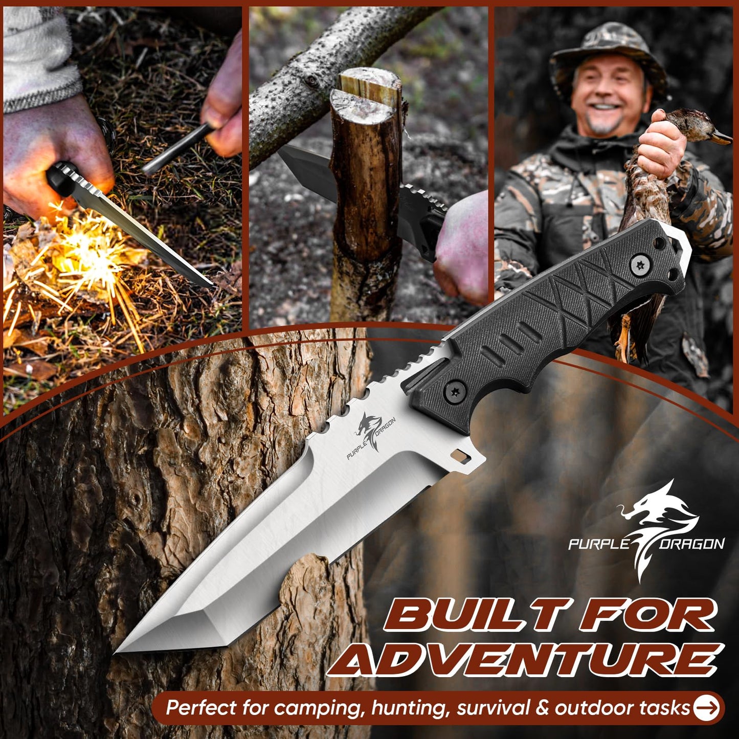 Purple Dragon Fixed Blade Knife with Kydex Sheath - Plain Blade