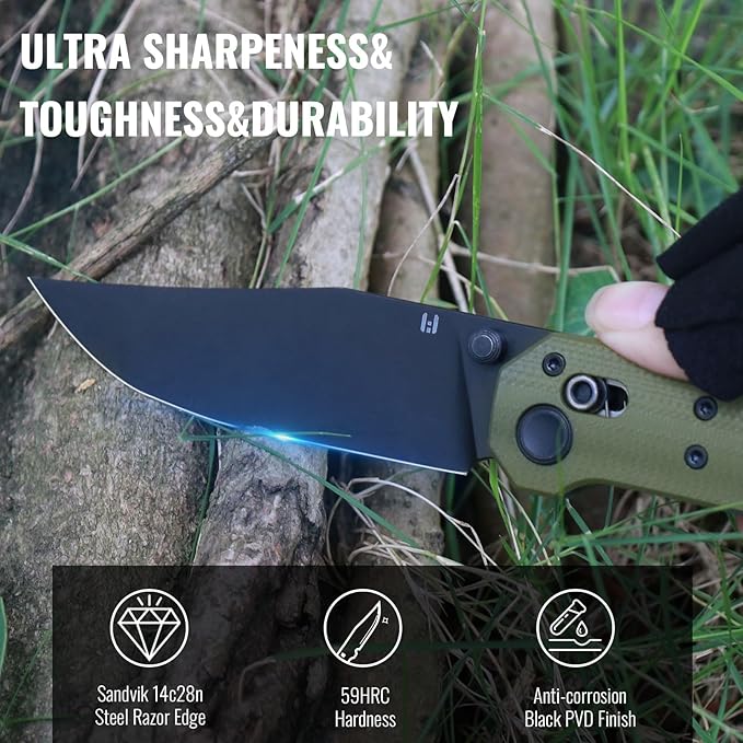 Pathwright Folding Pocket Knife, 3.54" 14C28N Blade and G10 Handle with Axis Lock, Everydaycarry Knives for Outdoor Indoor Pocket Knife with Pocket Clip for Men Women OD Green