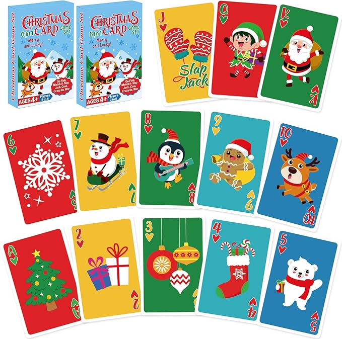 Christmas Card Games Fun Gifts Toys Stocking Stuffers Playing Cards with Santa Snowman Reindeer Snowflake for Family Board Game Night Party Favors Classroom Activity Supplies