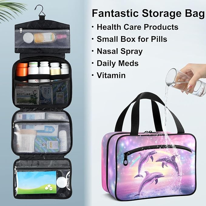Fustylead Magic Rainbow Stars and Dolphins Jumping Travel Medicine Organizer Bag Home Storage First Aid Kit Large Pill Case with Zipper for Pill Bottle, Vitamins, and Medical Supplies