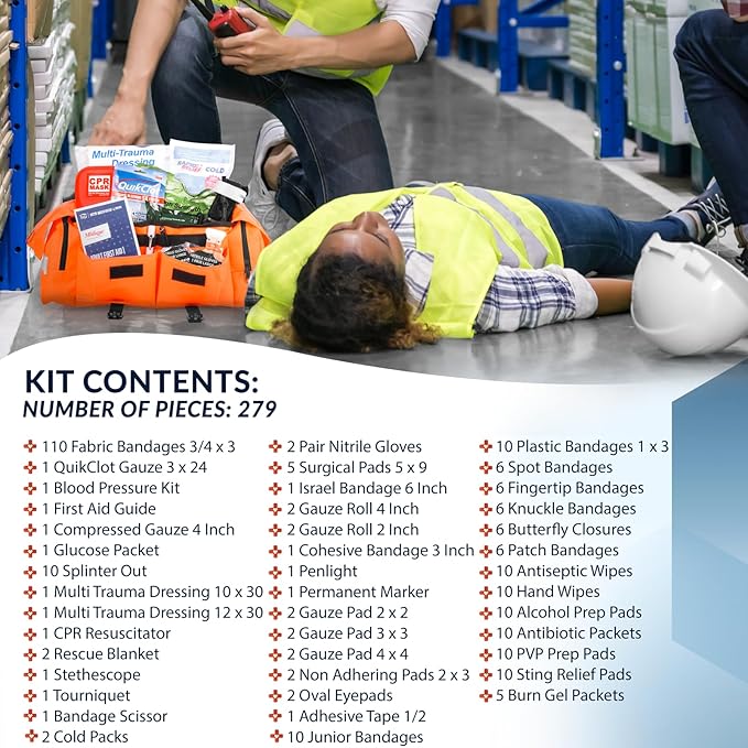 MFASCO Professional First Responder Kit - Emergency First Aid Bleeding Kit Combo, Includes Tourniquet & Clotting Bandage, Orange EMT Bag, Adjustable Shoulder Straps, 275+ Pieces, 13 x 9 x 6 Inches