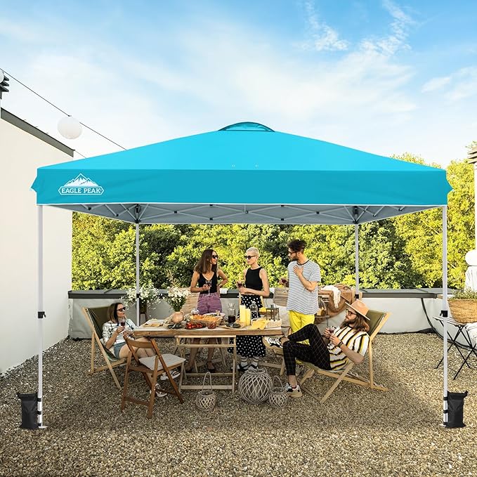 EAGLE PEAK Pop Up Canopy Tent with Wheeled Carry Bag, 8 Stakes, 4 Ropes, 4 Weight Bags, Easy Set Up Tent Canopy, 12x12 ft, 144sqft of Shade, Light Blue