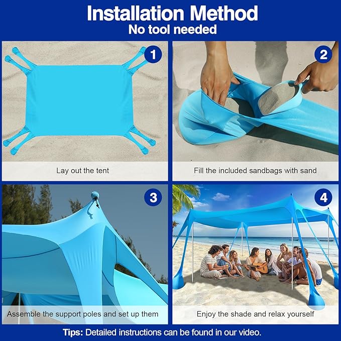 Rhino Valley Beach Tent Shade Canopy UPF50+ Protection, 8 Sandbags, 4 Stability Poles, Outdoor Sun Shelter Umbrella for Sand, Camping, Fishing Essentials
