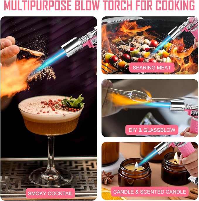 RAVS Refillable Butane Torch Lighter, Ultra Premium Gifts for Men, Kitchen Torch Lighter for Creme Brulee, Cooking Torch Gun with Adjustment Flame, Blow Torch for Cooking (Pink)