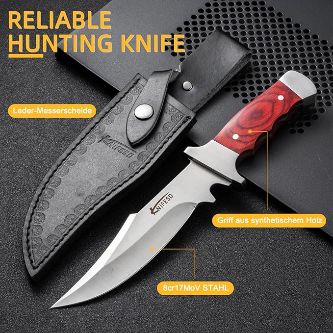UMF Fixed Blade Knives with Sheath large Hunting Knife Full Tang Bushcraft Knives Skinning Knife Deer Hunting Knives, Big Camping Outdoor (b-red)