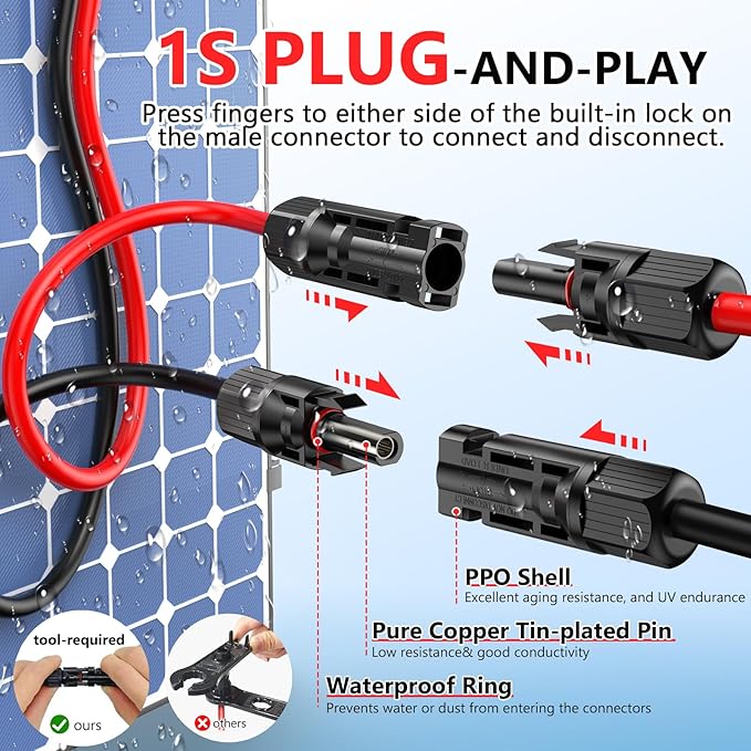 2x100 Feet Solar Panel Extension Cable, 12AWG Solar Panel Cable Solar Wire with Female and Male Waterproof Connectors for RV, Photovoltaic Systems (100FT Red + 100FT Black)