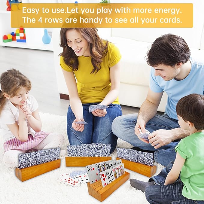 Card Deck Stand Set of 4 Playing Cards Holder for Kids Elder Wood Racks Tray for Organizing on Game Bridge Adults Uno Skipbo 5 Crowns(Orange)