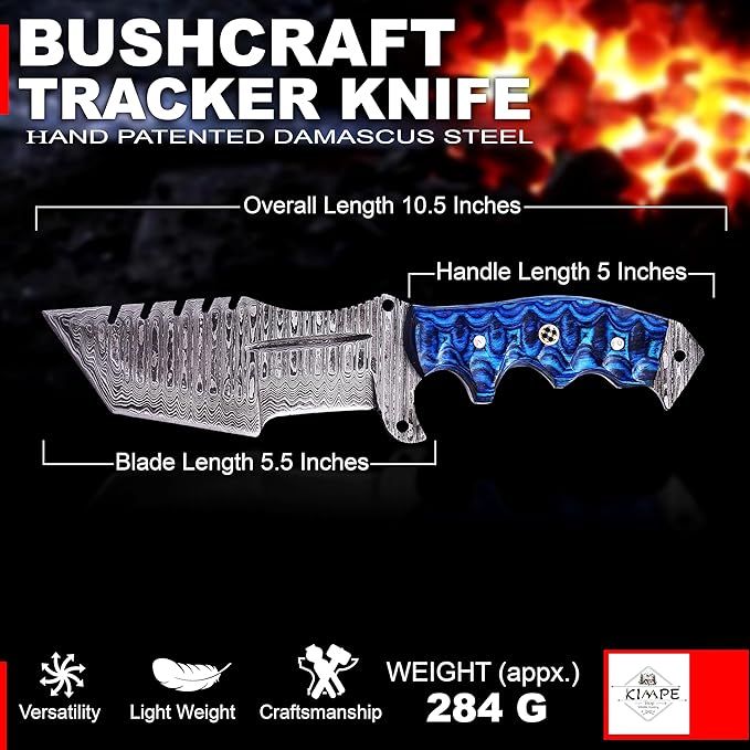KIMPE 10.5?™â€?Damascus Hunting Knife with Leather Sheath-Fixed Blade EDC Knife-Bushcraft Knives-Wood Handle-Best Camping & Survival Knives-Knives for Men. (Pakka-Blue)