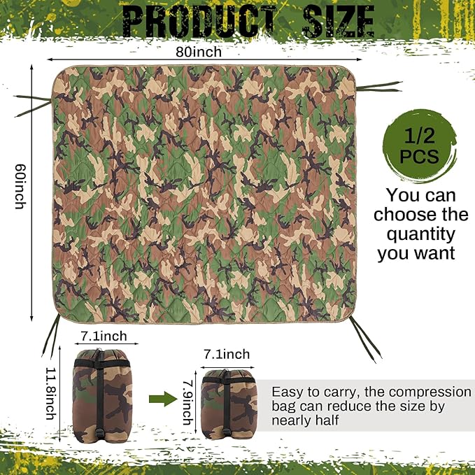Barydat 80 x 60 Inch Woobie Military Poncho Liner Woobie Blanket Waterproof Thermal Poncho Liner with Bag Camo for Outdoor Camping Hunting Hiking