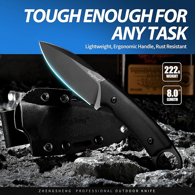 Fixed Blade Knife with Sheath, 3.5??DC53 Steel blade with Black Titanium Coating and G10 Handle Full Tang Outdoor Camping Hiking Survival Knives for Men Women