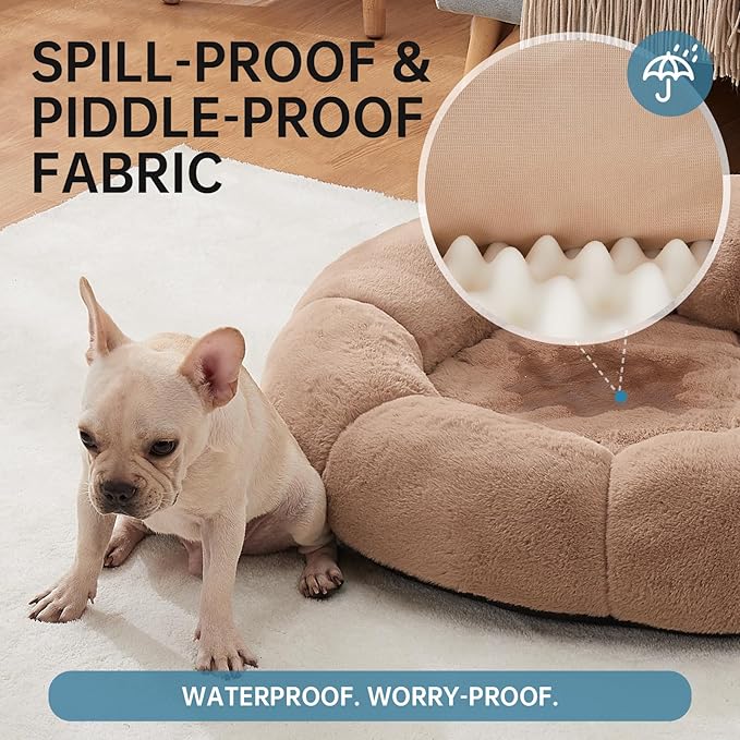 OhGeni 31 inches Calming Donut Orthopedic Dog & Cat Bed for Medium Pets, Warming Comfort Fluffy Short Pile Fur, Durable Waterproof Machine Washable Removable Cover, Cute Round Bed for Puppy, Camel