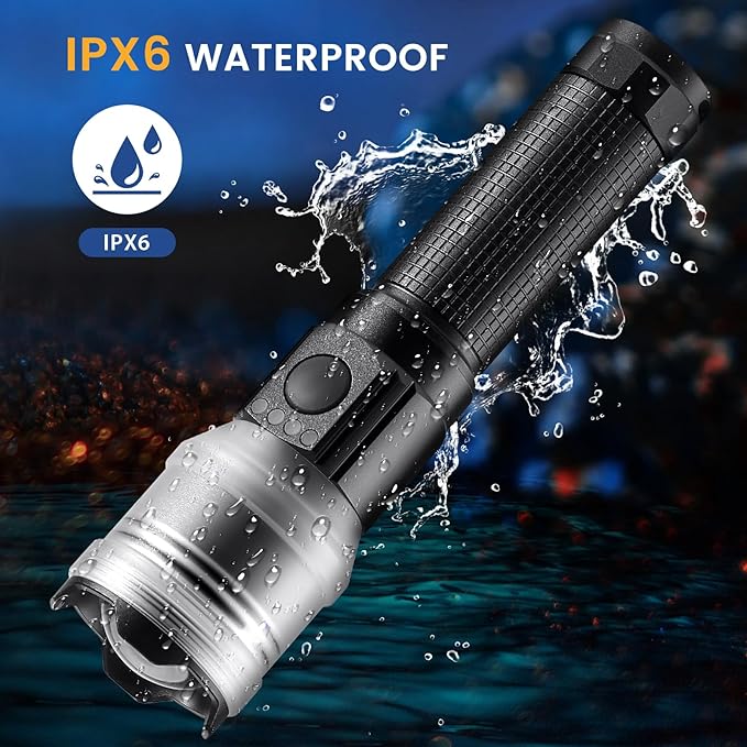 Rechargeable Flashlight 10000 High Lumens, Super Bright Flashlight Compact, Flashlight Rechargeable USB-C Zoomable, 6 Modes Handheld Flashlight Suitable for Home Emergency, Outdoor, Hiking, Camping