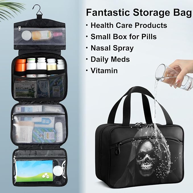 Fustylead Skull in Dark Shadow Wearing Large Hooded Cloak Travel Medicine Storage Bag Large Household Pill Bottle Organizer with Zipper for First Aid, Pills, Vitamins, Medical Supplies