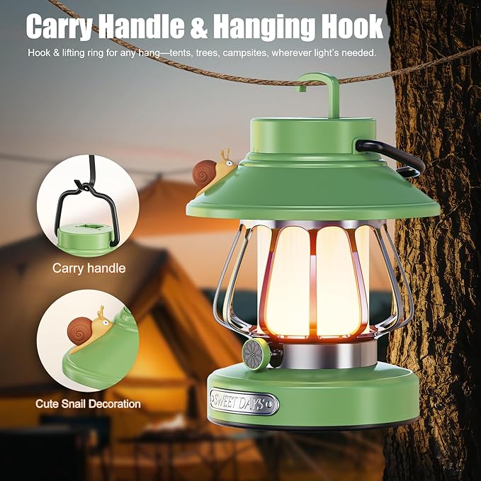 V.C Formark Snail Kids Camping Lantern Rechargeable - 3 Color Dimmable LED Light with USB-C Charging, Perfect Night Light for Bedroom, Outdoor Adventures & Emergency Use (Green)