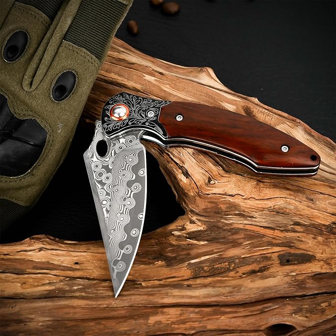 Damascus Pocket Knife, 3.27??Damascus Blade EDC Folding Knives with Guibourtia Wooden Handle, Christmas Ideal for Utility Gift
