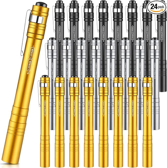 24 Pack Mini Pen Flashlights Bulk LED Pen Lights Aluminum Pocket Flashlights with Clips Small Handheld Torches Gifts for Camping Hiking Emergency Outdoor (Black,Silver,Yellow)