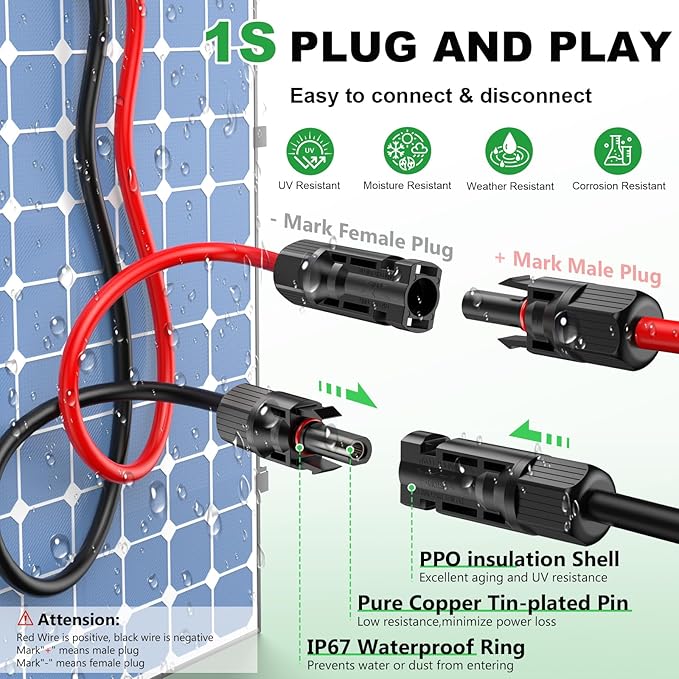 Oududianzi Solar Extension Cable 100Ft, Solar Wire 10AWG, Tinned Copper PV Cable 10Gauge, Solar Panel Wires and connectors for Home RV Boat Camping Off-Grid Solar System, Set of 2