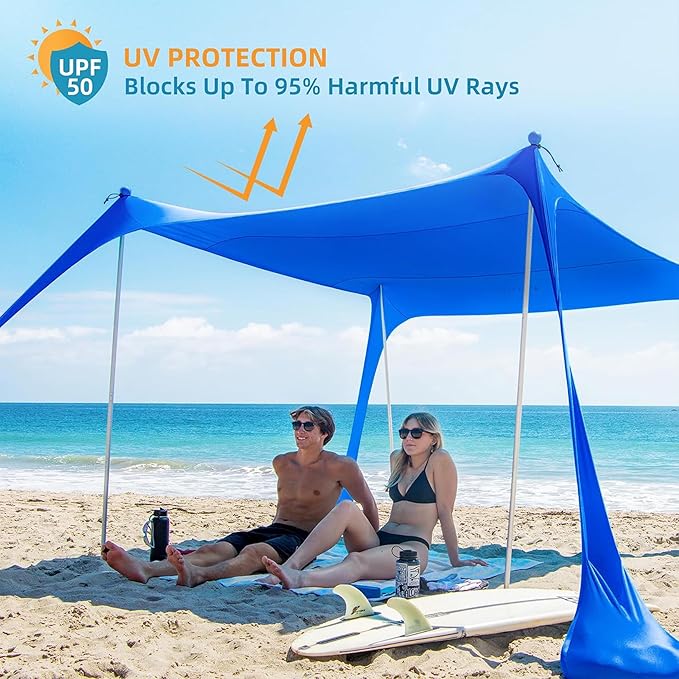 AMMSUN Beach Tent Portable Sun Shelter,9X 9ft Beach Canopy Easy Setup, 9'x9'Lycra Sun Shelter with UPF50+ Protection 4 Sand Bags & 4 Aluminum Poles for Family at The Beach, Camping & Outdoor