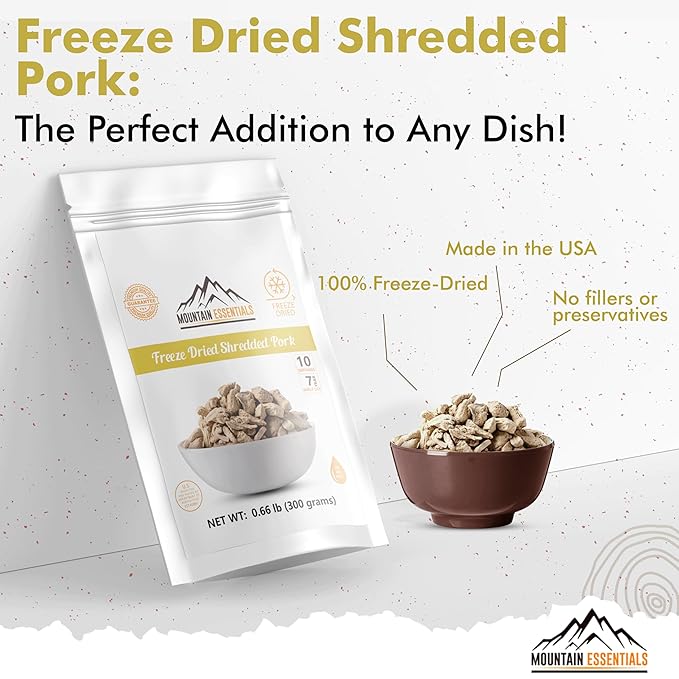 MOUNTAIN ESSENTIALS Freeze-Dried Shredded Pork ??Fully Cooked, Ready-to-Eat Meat | 10 Servings per Pouch | 7-Year Shelf Life | Ideal for Daily Meals, Camping, Emergency Preparedness & Survival | Made in USA | Pack of 1