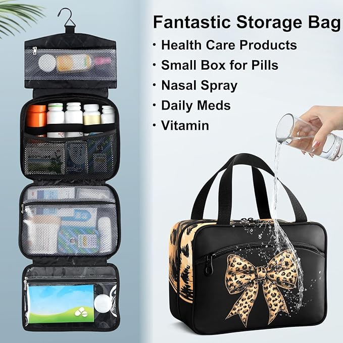 Fustylead Brown Bow Tie with Leopard Skin Travel Medicine Storage Bag Large Household Pill Bottle Organizer with Zipper for First Aid, Pills, Vitamins, Medical Supplies