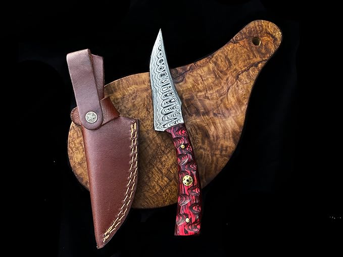 Titan International Knives Damascus Steel Hunting Knife | Fixed Blade, High Carbon Steel, Red Diamond Wood, Leather | Perfect for Hunting and Outdoor Activities