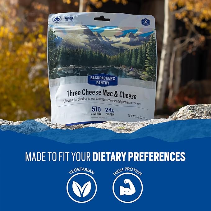 Backpacker's Pantry Three Cheese Mac & Cheese - Freeze Dried Backpacking & Camping Food - Emergency Food - 24 Grams of Protein, Vegetarian