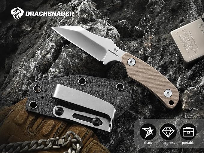 X-WH EDC Horizontal Carry Neck Knife wtih Clip Fixed Blade Knife with Kydex Sheath, D2 Steel Blade Full Tang small Wharncliffe Knife G10 Handle, (Khaki)