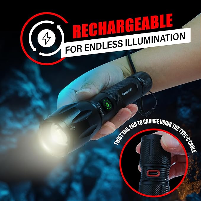 GearLight S1000 LED Tactical Flashlight - High Lumens, USB-C Fast Charging, Dual-Button, IPX4 Water-Resistant, Pocket-Sized for Camping & Emergencies with Batteries - 2 Pack, (Rechargeable)