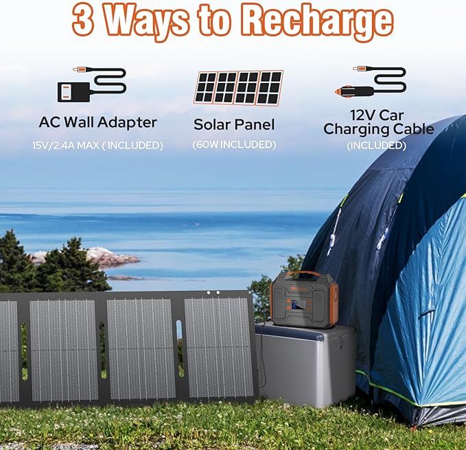300W Portable Solar Generator with Panel, 65W 110V Portable Power Bank with DC AC Outlet with Solar Panel Charger 60W Set for Laptop Smart Devices Tent Camping Outdoor Hiking Power Outage