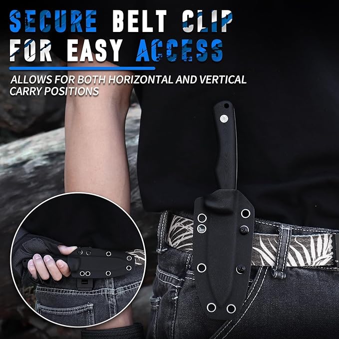 SHADOW 8.11" Fixed Blade Hunting Knife, D2 Steel Blade Survival Knife with Kydex Sheath Horizontal Carry for Men, Outdoor, Skinning and Camping (Black)