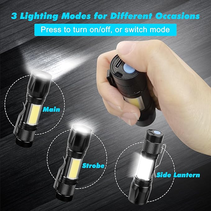 KunHe Rechargeable Flashlights USB-C mini Small LED Lantern Flashlights Bright Clip-On Light EDC Flash Light with Side COB Light for Camping Home Emergency 4 Pack