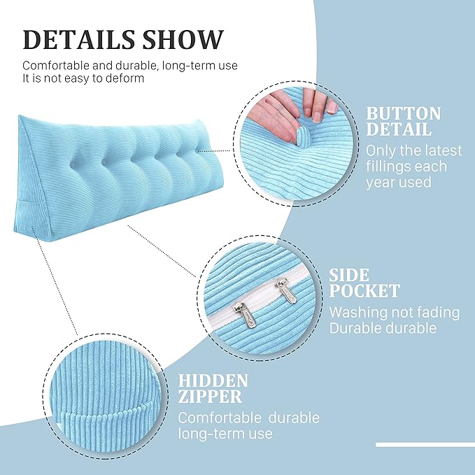 13 lbs Thickened Wedge Pillow Headboard Body Positioner Triangular Reading Pillow Bed Bolster Pillow for Sitting in Bedwith Removable Cover Backrest Sky Blue California King