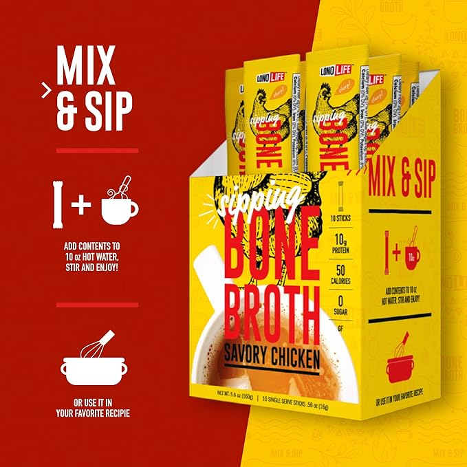 LonoLife Chicken Bone Broth Powder Mix | 10g Protein | Collagen-Rich, Keto & Paleo Friendly | Natural Ingredients | 10 Portable Stick Pack Servings