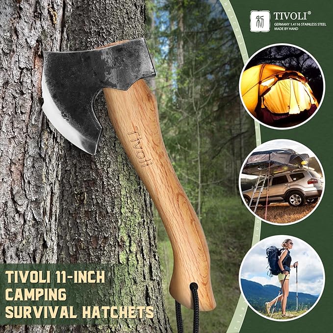 Tivoli 11 Inch Hatchet Camping Axe,Small Bushcraft Axe for Chopping and Wood Splitting,Ash Wood Handle,Perfect for Outdoor Survival and Adventures,Hunting, Trekking,Gardening