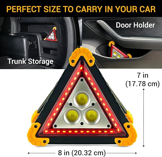 Emergency Warning Triangle - LED Light, Water-Resistant, Shockproof & Portable