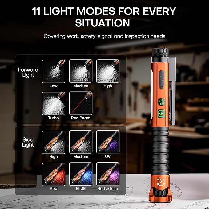 EDC Flashlight Rechargeable,800 Lumen Small Flashlight with Magnetic Clip & Base, 11 Modes LED Flashlight,Glass Breaker&Bottle Opener, USB-C Flashlight for Working,Home and Emergency