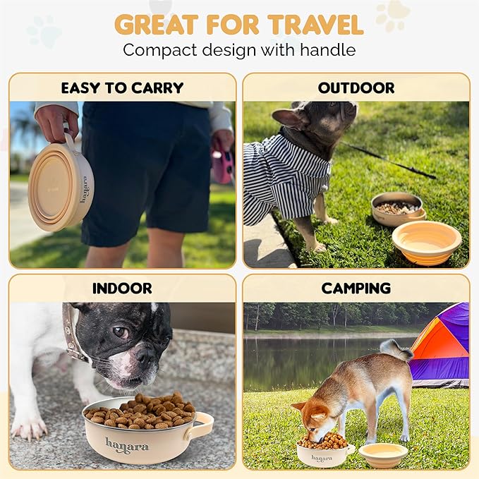HANARA 2-in-1 Insulated Dog Bowl with Collapsible Lid & Handle – Stainless Steel, Non-Slip Rubber Base – Portable Pet Water & Food Bowl for Dogs & Cats – 30 OZ + 20 OZ – Indoor & Outdoor (Beige)