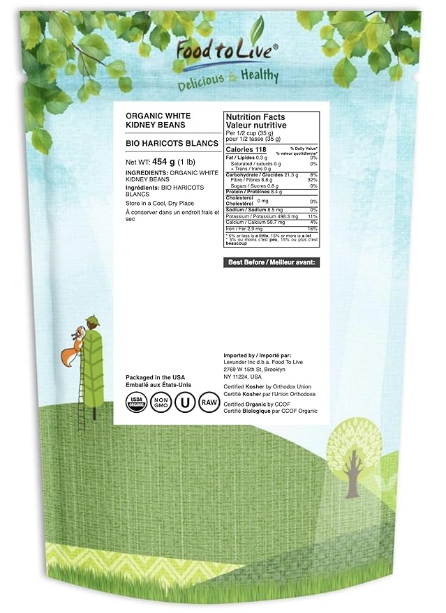 Food to Live Organic White Kidney Beans, 1 Pounds Whole Raw Dried Beans, Vegan, Kosher, Bulk. Rich in Dietary Fiber and Protein. Perfect for Soups, Stews, Chili, Paste, Salads and Side Dishes