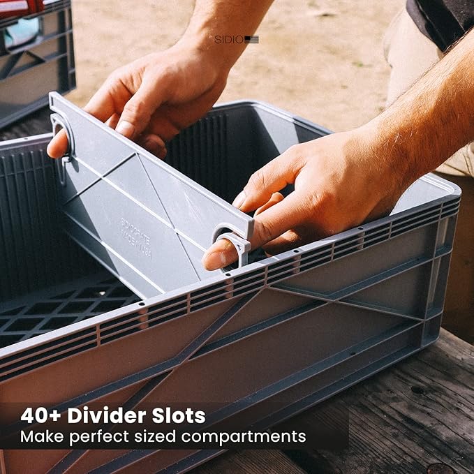 SIDIO CRATE Starter Pack - Two Full Size and One Half Size SidioCrate, Stackable Outdoor Organizer Storage Bins with Clear Lid and Dividers - Black