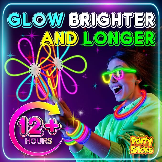 PartySticks Bulk Party Supplies 205 Piece Glow in The Dark 100 Glow Sticks with Eye Glasses, Bracelets, and Connectors
