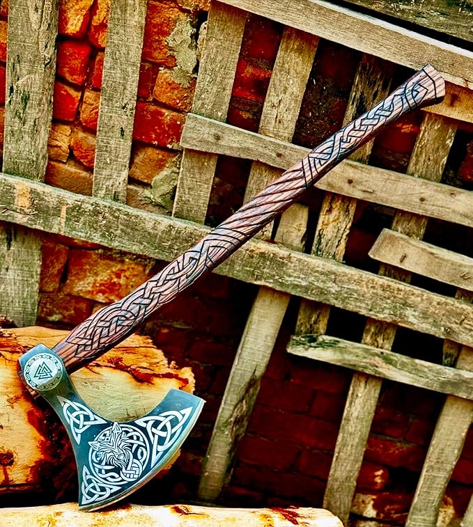 Dark Warrior | Ragnar Lothbrok Viking Axe Hand Forged Carbon Steel Viking Axe Camping Axe Berserker Axe, Large Norse Axe,Scandinavian Double Headed Axe Functional Viking Battle ax Norse Mythology
