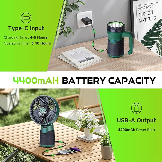 4 in 1 Modular Rechargeable Camping Lantern, Portable LED Flashlight, Outdoor Camp Fan, 4400mAh Power Bank, IPX4 Waterproof Camping Essentials Set for Emergency, Hiking, Fishing